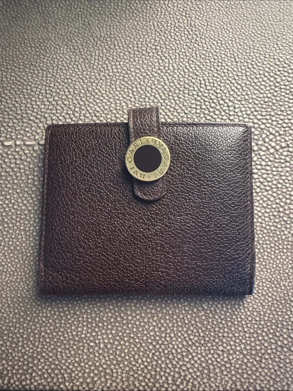 BVLGARI Dark Brown Pebbled Leather Card Holder with Gold Ring